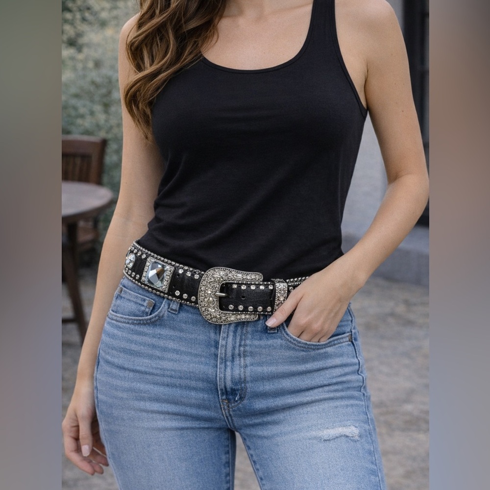 Western Rhinestone Studded Leather Belt XL 45” Black Crystal Concho Buckle